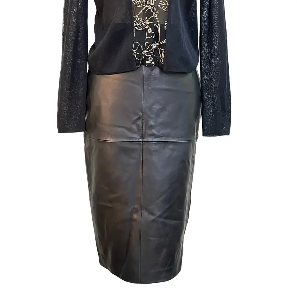 BOD & CHRISTENSEN Dawn Black Leather Knee Length Back Slit Straight Skirt Size 6